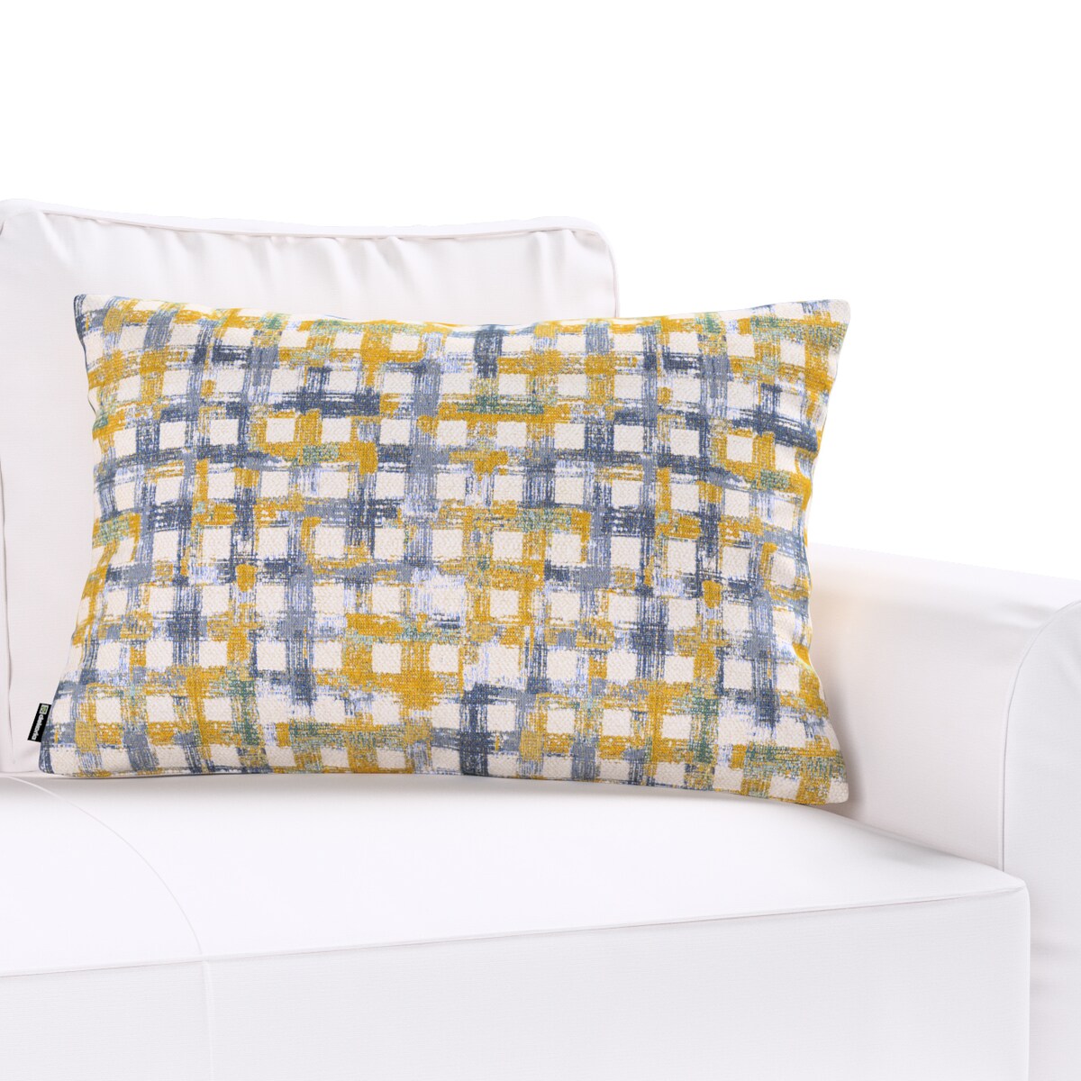 Poszewka Kinga na poduszkę prostokątną 60x40 niebiesko-żółta krata na kremowym tle
