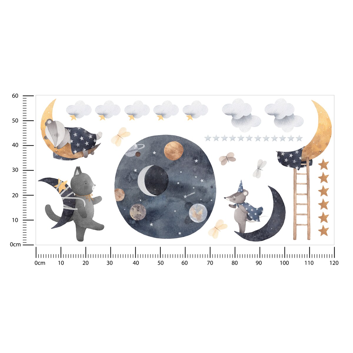Naklejki Ścienne Dla Dzieci KOSMOS Zwierzęta Chmury Gwiazdy Boho ZESTAW