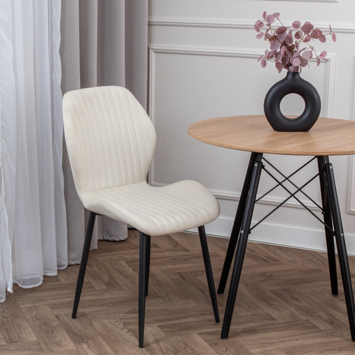 Krzesło tapicerowane do salonu jadalni pikowane welurowe beżowe