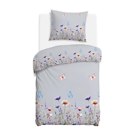 Pościel flanelowa 140x200 Florina Mist szara z kolorowymi kwiatami, Flanelove