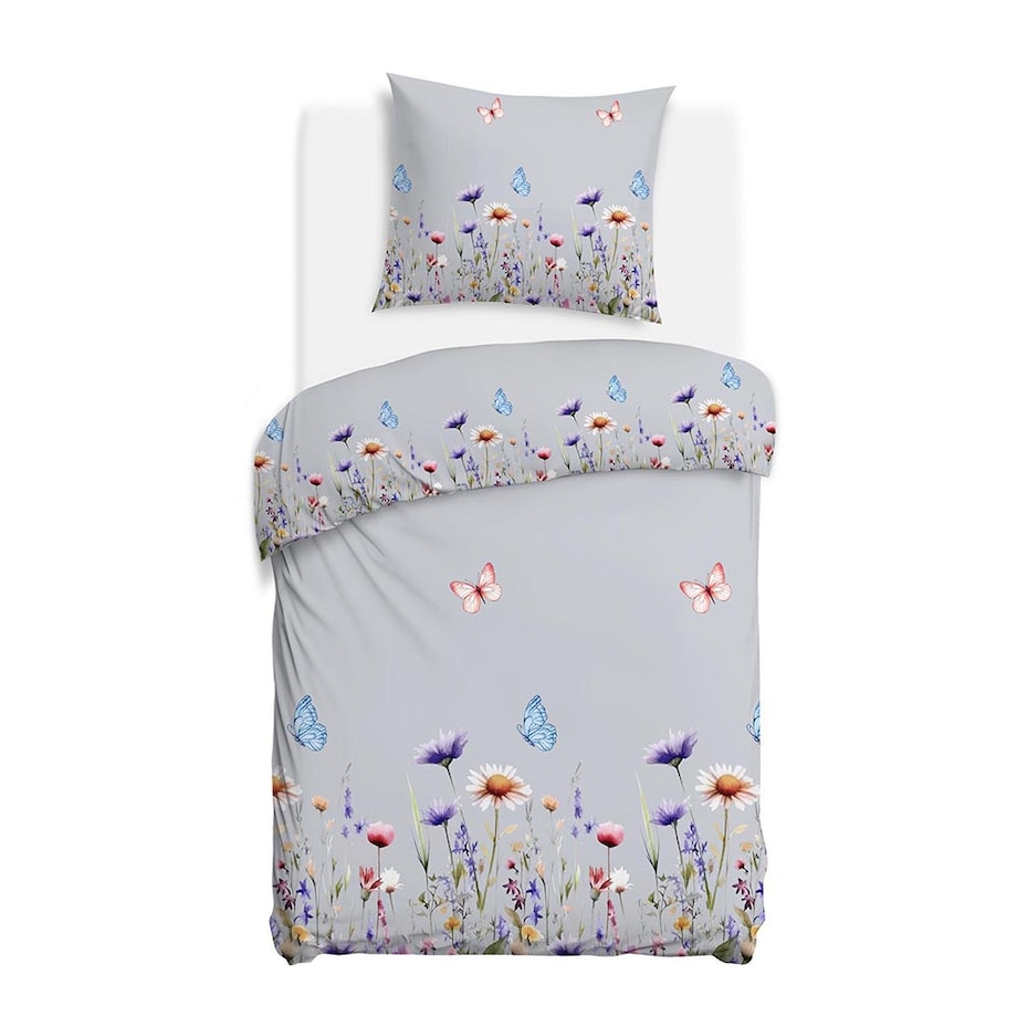 Pościel flanelowa 140x200 Florina Mist szara z kolorowymi kwiatami, Flanelove