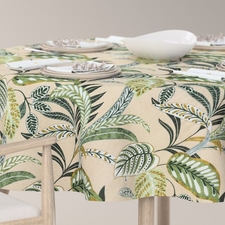 Obrus okrągły 160 x 160 cm oliwkowo-zielone liście na lnianym tle