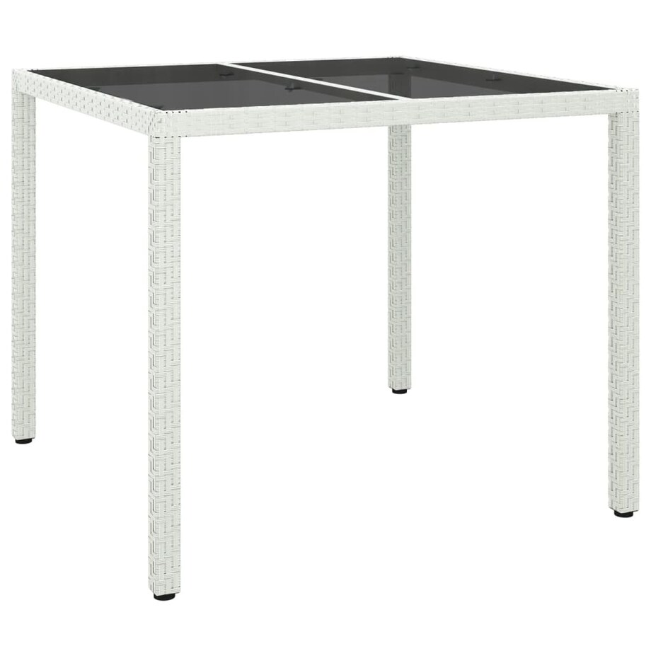 vidaXL Stół ogrodowy, 90x90x75 cm, szkło i rattan PE, biały