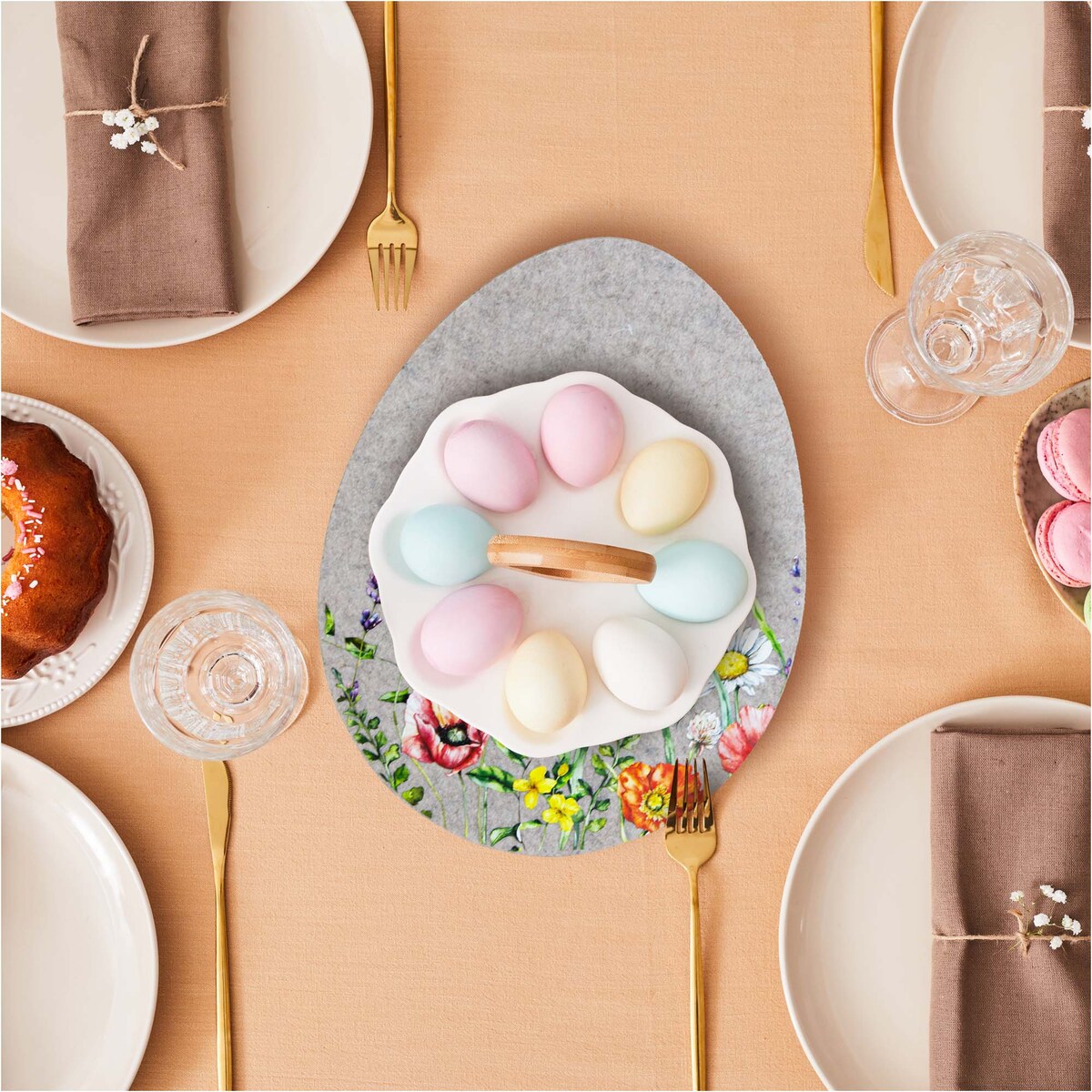 Podkładka Filcowa Wielkanocna Pisanka Na Stół Dekoracyjna Ozdobna Kwiaty Jasnoszara 40X31,5 Cm