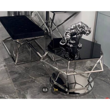 Nowoczesny srebrny stolik kawowy / ława w kształcie diamentu z szybą czarną 80x80x50