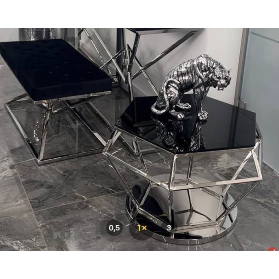 Nowoczesny srebrny stolik kawowy / ława w kształcie diamentu z szybą czarną 80x80x50