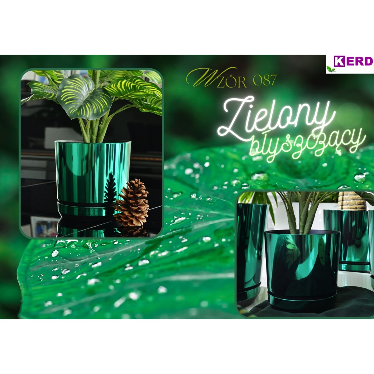 18 cm wzór ZIELONY BŁYSZCZĄCY Doniczka z podstawką nowoczesna glamour wysoki połysk metaliczny idealna do monstera orchidea