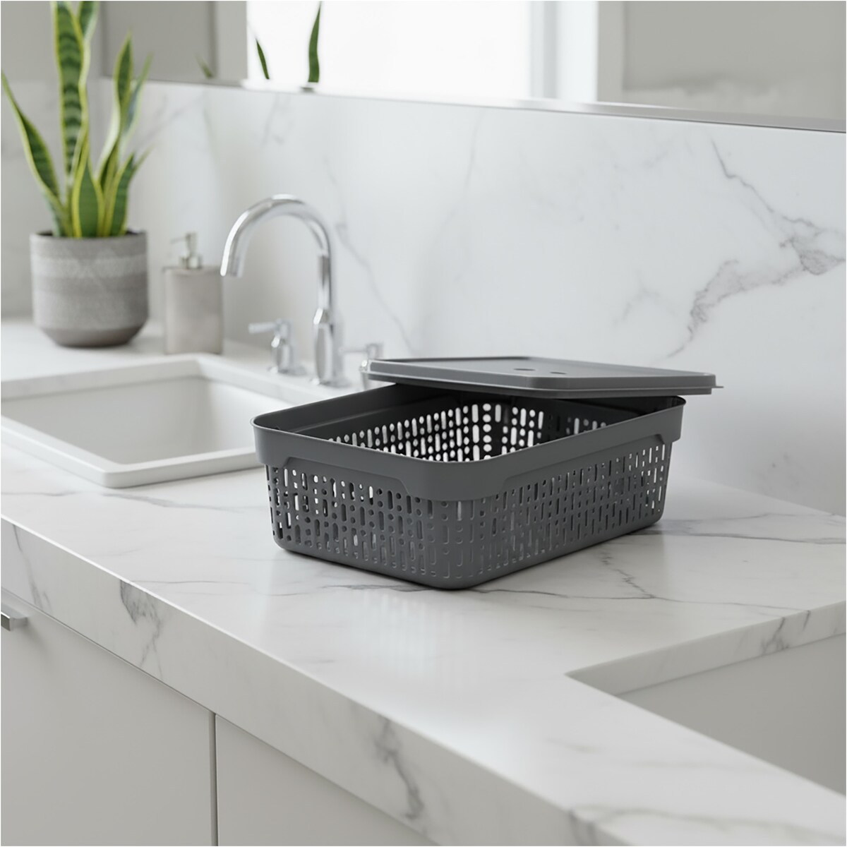 Koszyk Koszyczek Ażurowy M Plastikowy Na Kosmetyki Do Łazienki Pojemnik Z Pokrywką Zamykany Z Dziurkami Szary