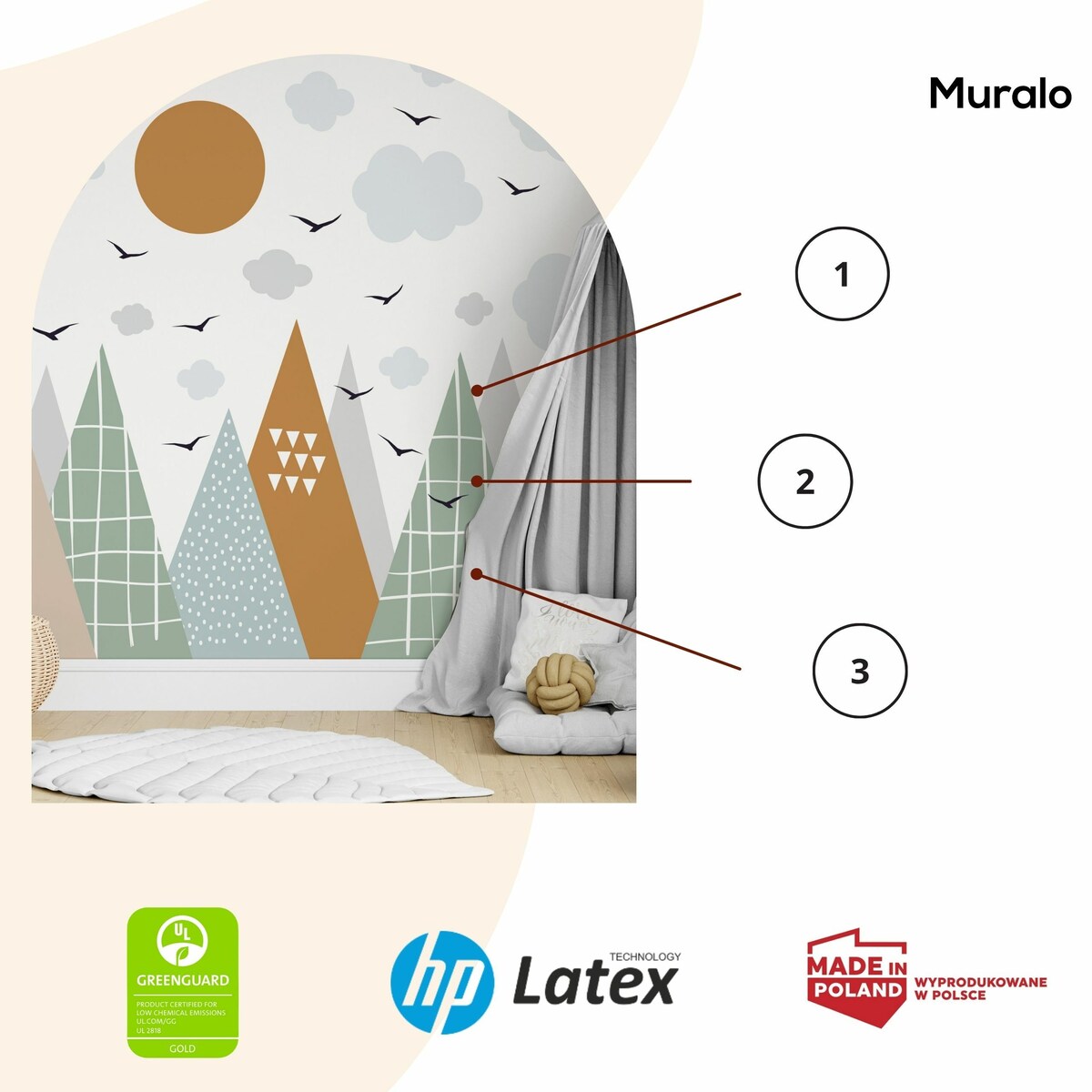 NAKLEJKI ŚCIENNE DLA DZIECI POMARAŃCZOWE GÓRY STYL SKANDYNAWSKI ZESTAW