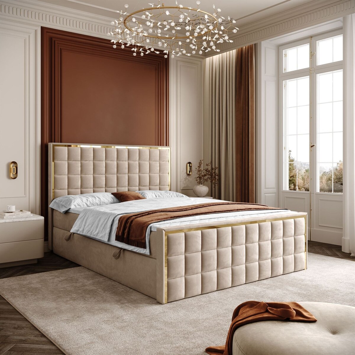 Łóżko kontynentalne ISADORA II GOLD, pojemnik na pościel, 180x200, RV 170, topper