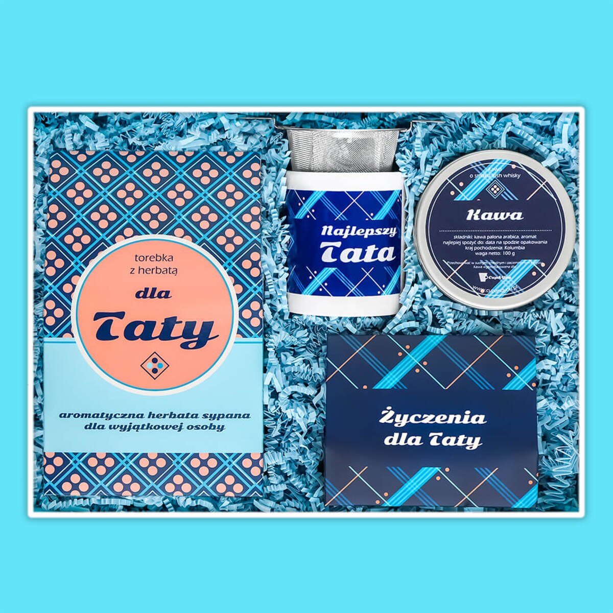 Personalizowany Box dla Taty - kawa smakowa, herbata sypana, kubek, zaparzacz, etykieta z personalizowanym nadrukiem na prezent upominek dla ojca