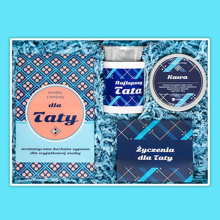 Personalizowany Box dla Taty - kawa smakowa, herbata sypana, kubek, zaparzacz, etykieta z personalizowanym nadrukiem na prezent upominek dla ojca