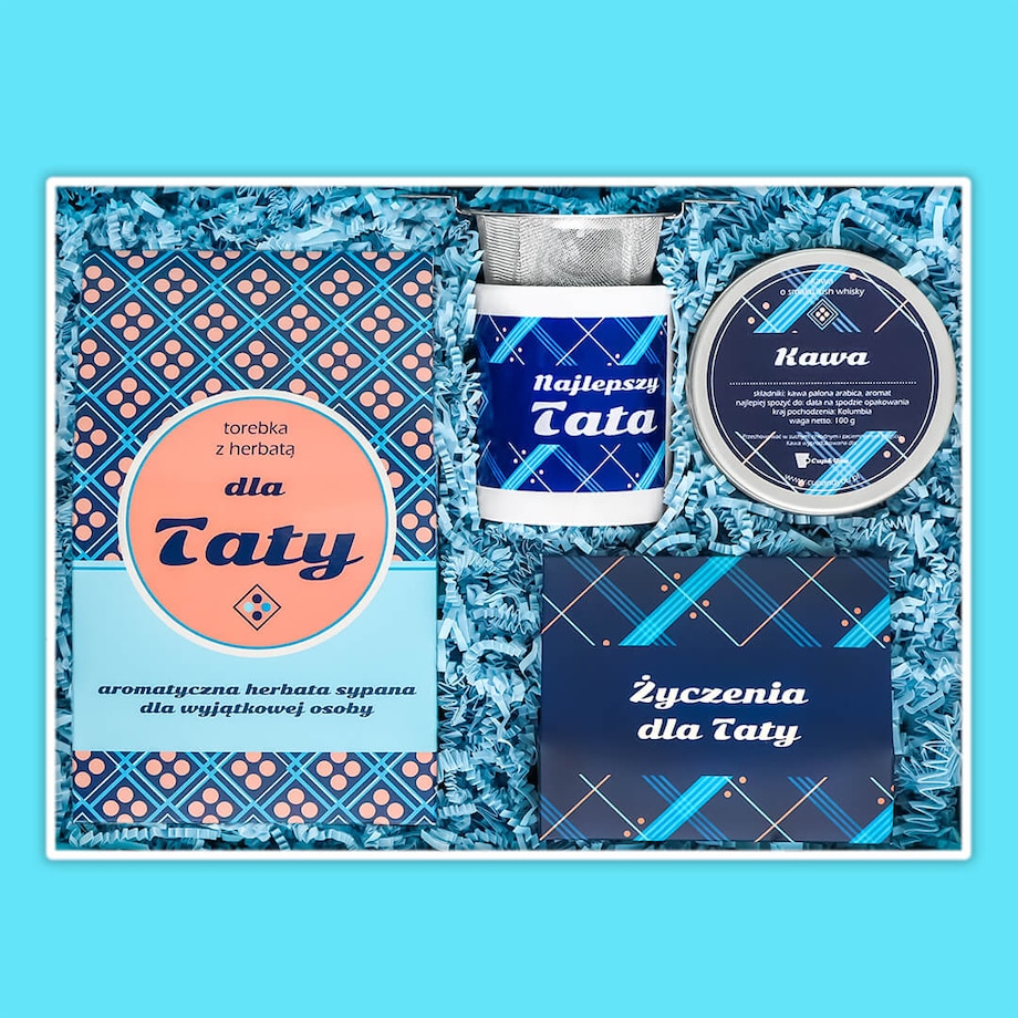 Personalizowany Box dla Taty - kawa smakowa, herbata sypana, kubek, zaparzacz, etykieta z personalizowanym nadrukiem na prezent upominek dla ojca
