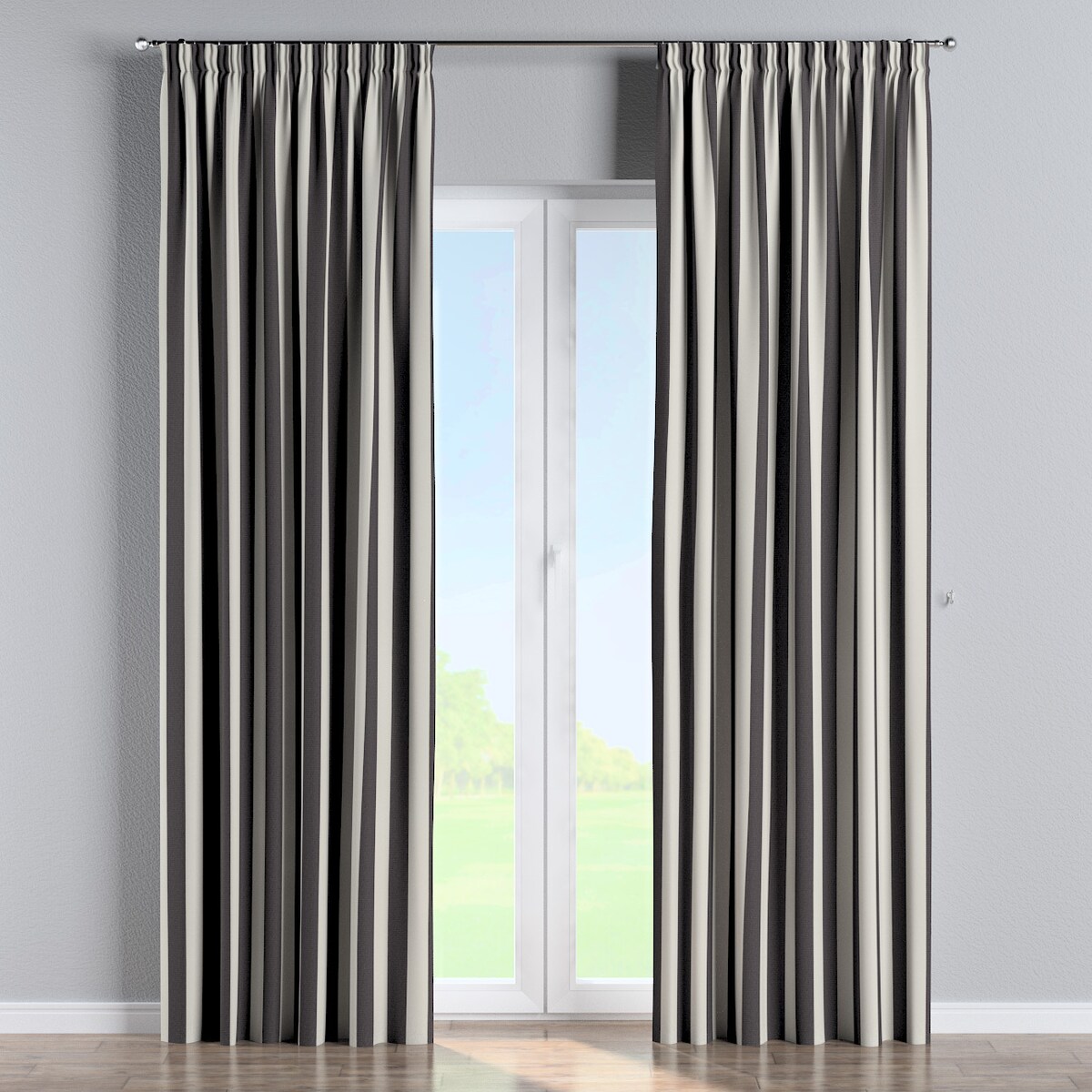 Zasłona na taśmie marszczącej 1 szt. 130x245 biało-grafitowe pionowe pasy (5,5cm)