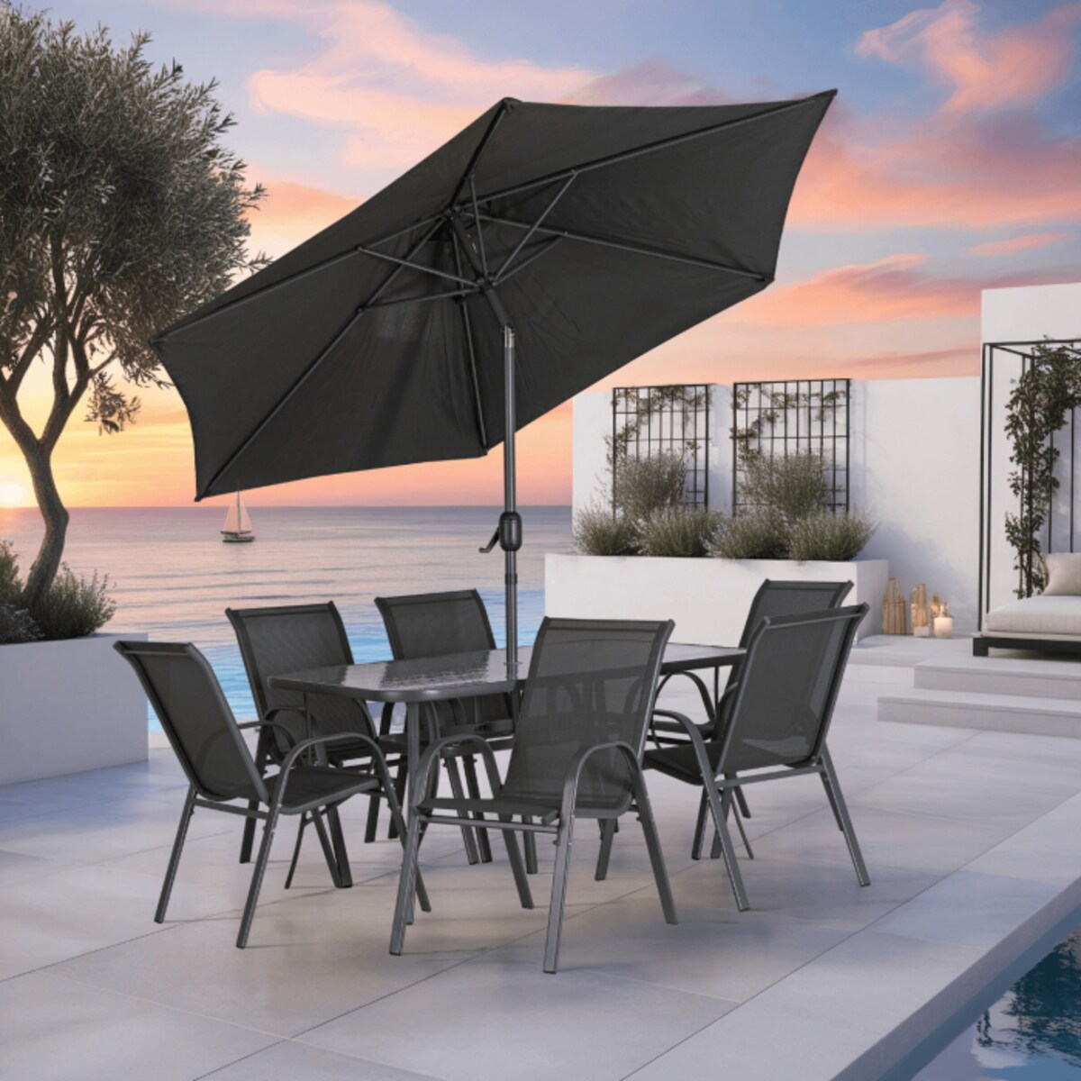 Zestaw Mebli Ogrodowych Stół 6x Krzesło Parasol Na Taras Ogród NEBRASKA