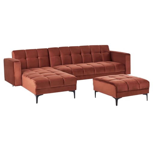 Sofa narożna prawostronna z otomaną ALNES Jasnoczerwony Welur Prawostronny