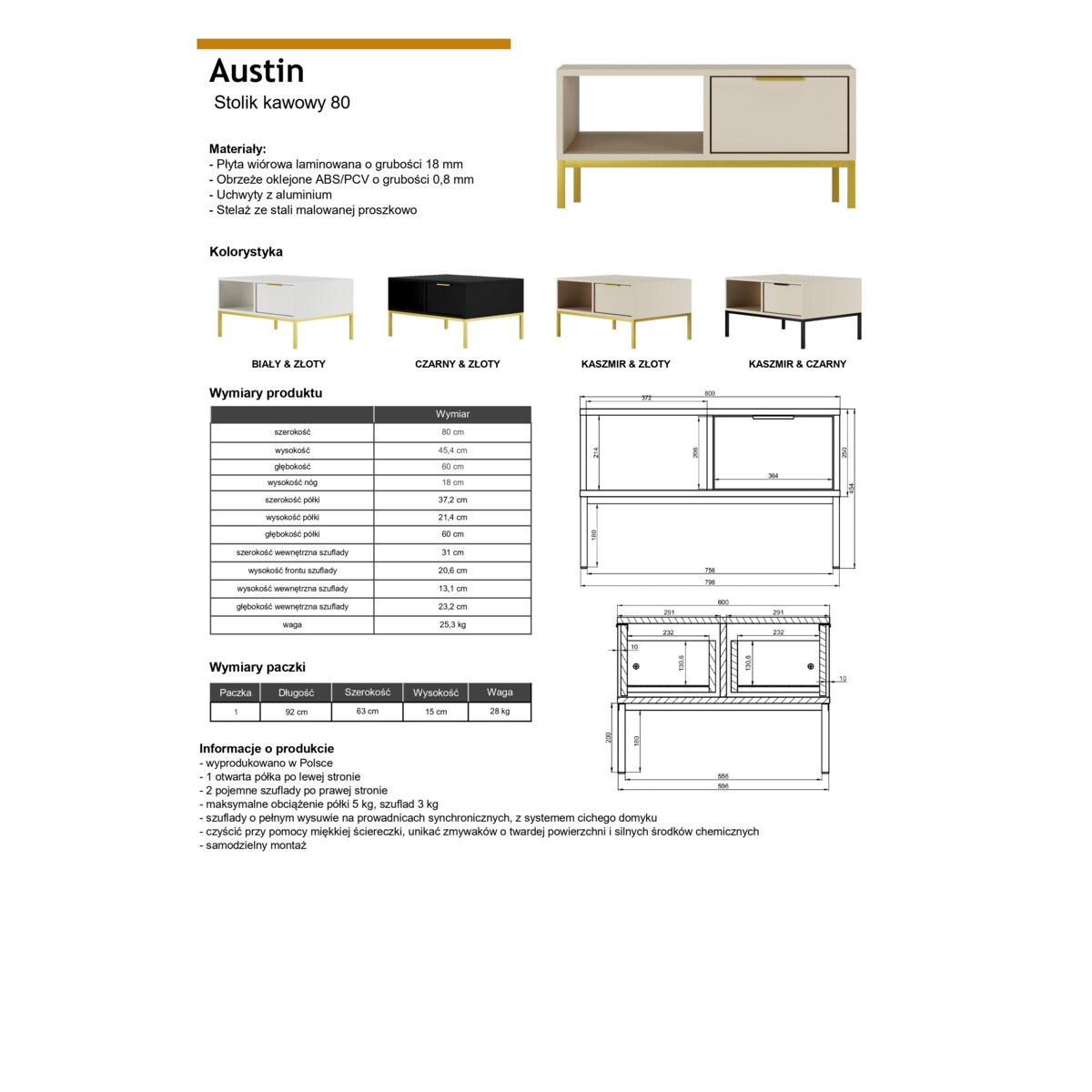Stolik kawowy Austin 80 kaszmir & złoty