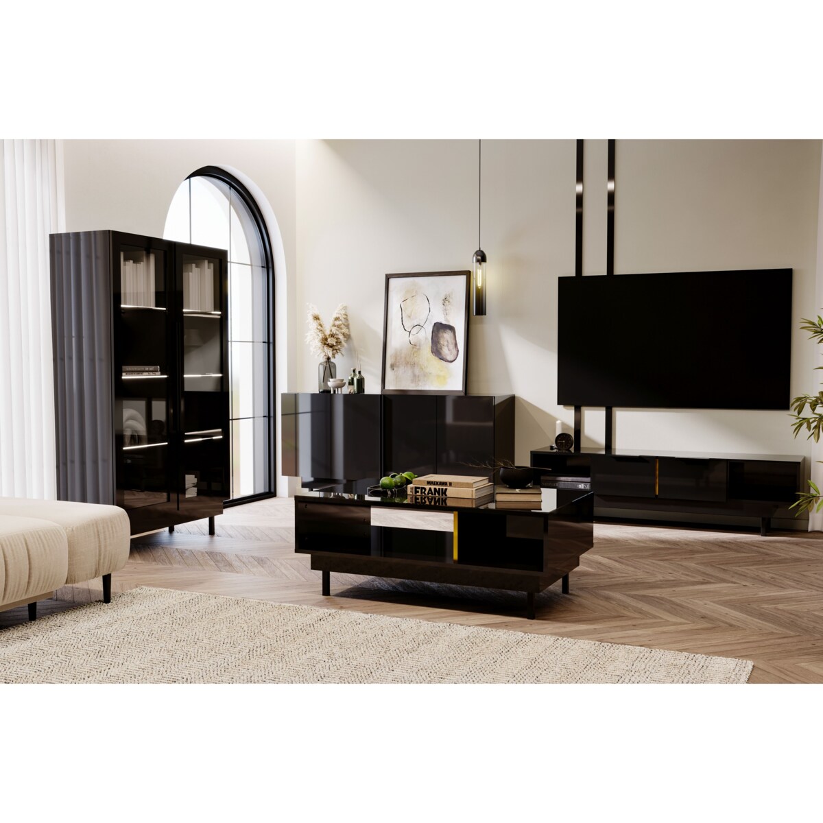 Elegancka czarna komoda RTV Dancan ARTEMISA ze złotymi dodatkami