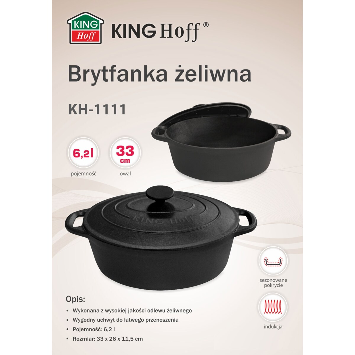Kinghoff brytfanna żeliwna 6.2l 33cm KH1111