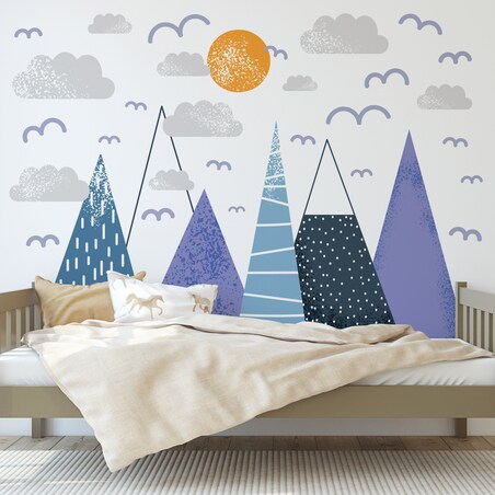 ZESTAW NAKLEJEK DLA DZIECI NA ŚCIANĘ FIOLETOWE GÓRY CHMURY PTAKI