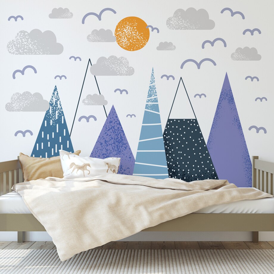 ZESTAW NAKLEJEK DLA DZIECI NA ŚCIANĘ FIOLETOWE GÓRY CHMURY PTAKI