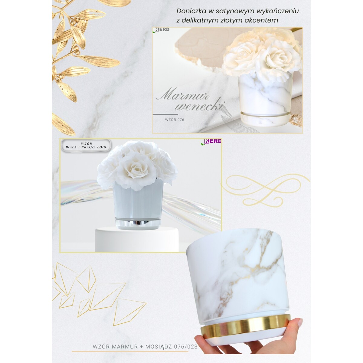 21 Doniczka DUO MARMUR WENECKI z podstawką MOSIĄDZ dwukolorowa biała + szare złote el. imitacja kamienia wykoń. satynowe matowe elegancka klasyczna