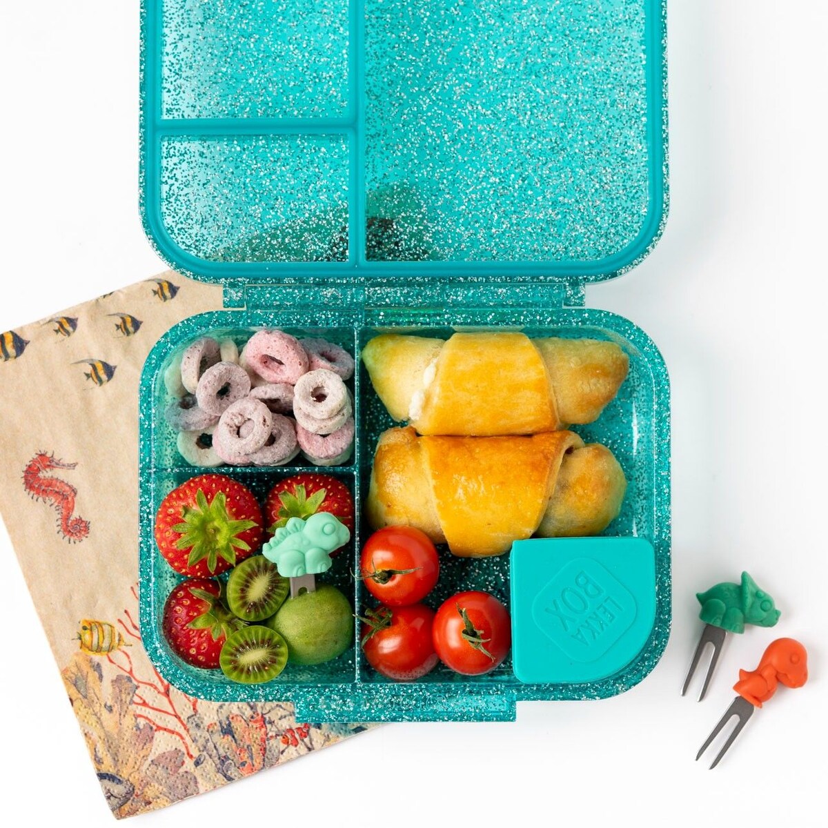LEKKABOX GLAMOUR mały brokatowy lunchbox z przegródkami, Aqua