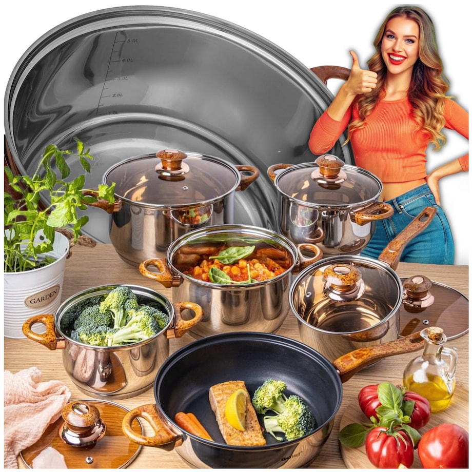Zestaw garnków stalowych 12 ele. garnki indukcja komplet Jumbo Rosegold KINGHOFF