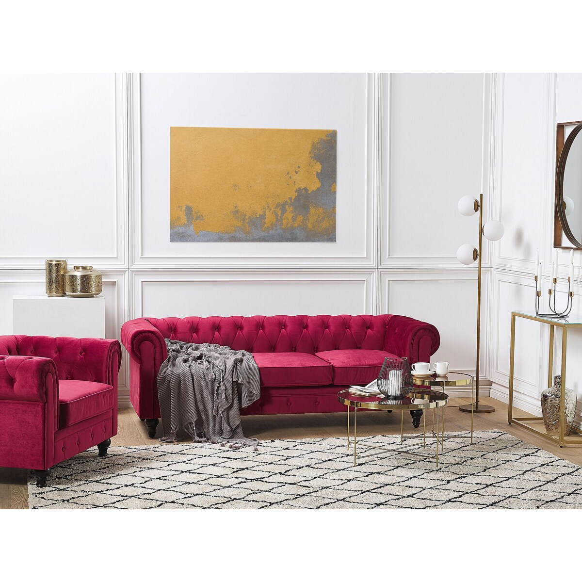 Komplet wypoczynkowy welurowy 4-osobowy czerwony CHESTERFIELD