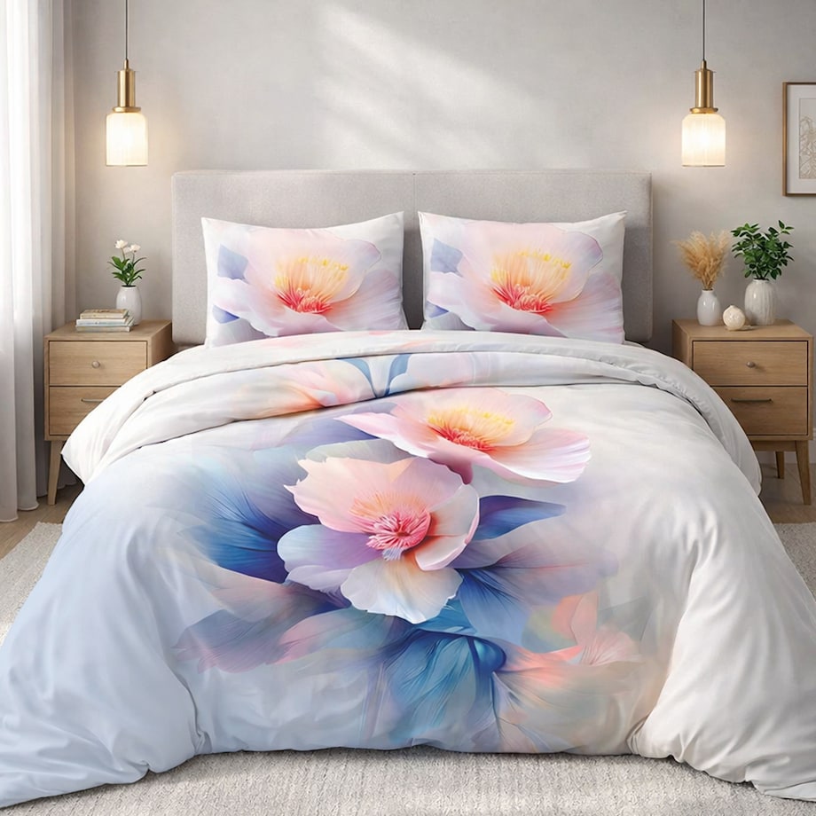 Pościel satyna bawełniana 140x200 Aurora biała i niebieska w pastelowe różowe kwiaty, Satynlove Premium