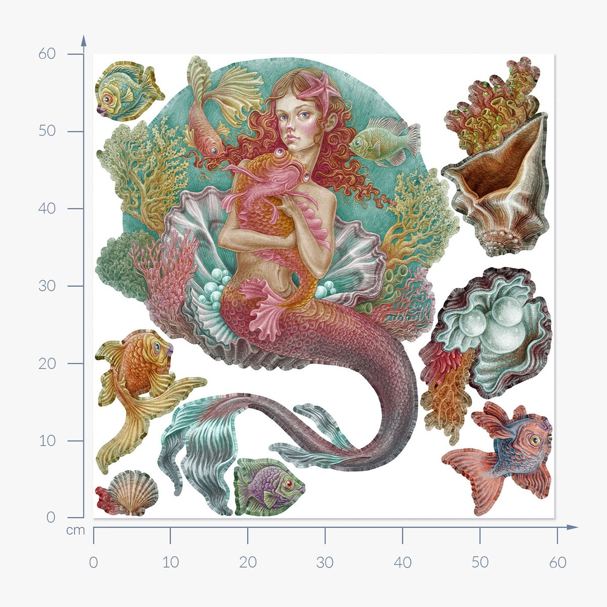 Zestaw naklejek na ścianę, Syrena świat rysunkowy, 60cm