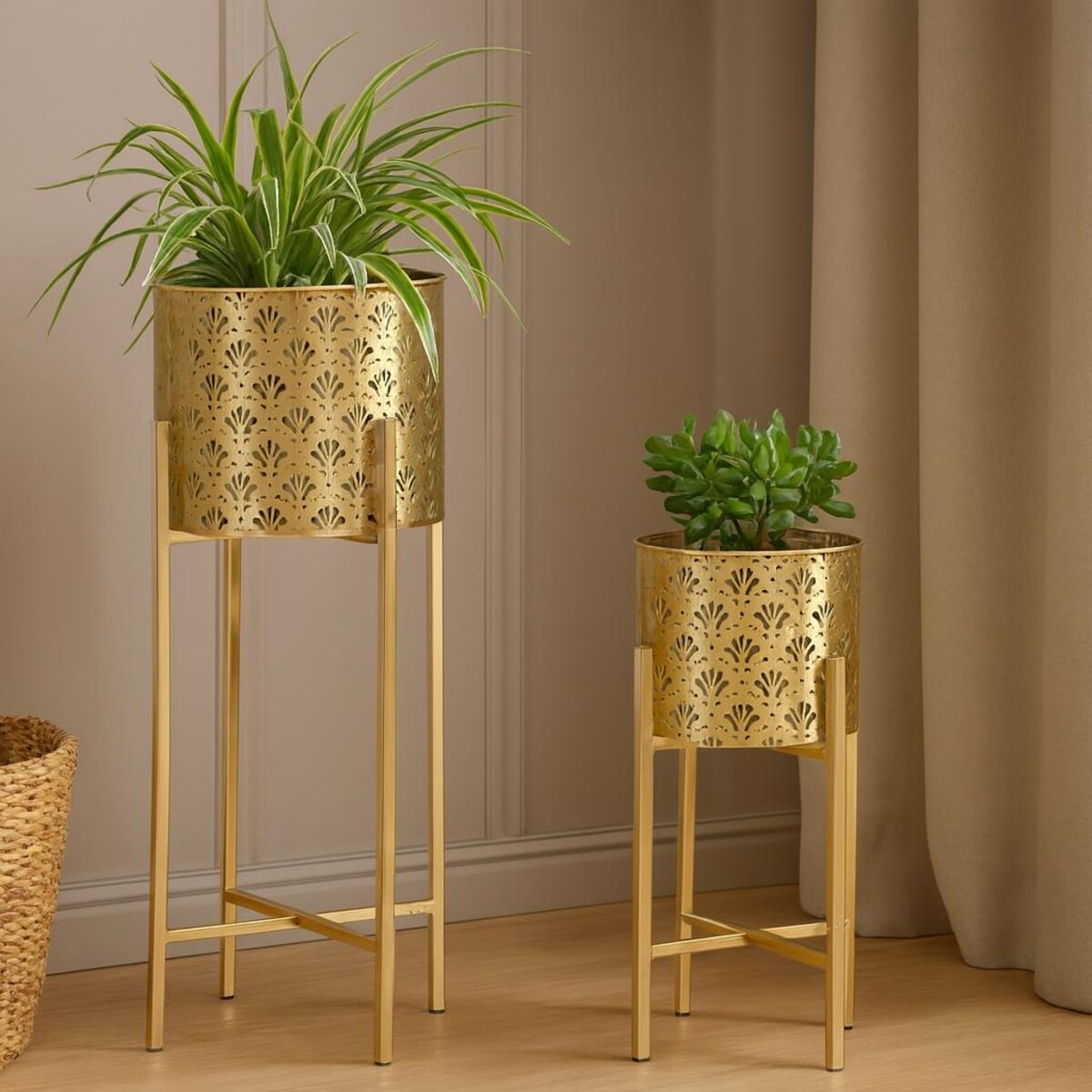 Kwietnik metalowy NAT, zestaw 2 szt., złoty, Ø 21x52 i 19x42 cm
