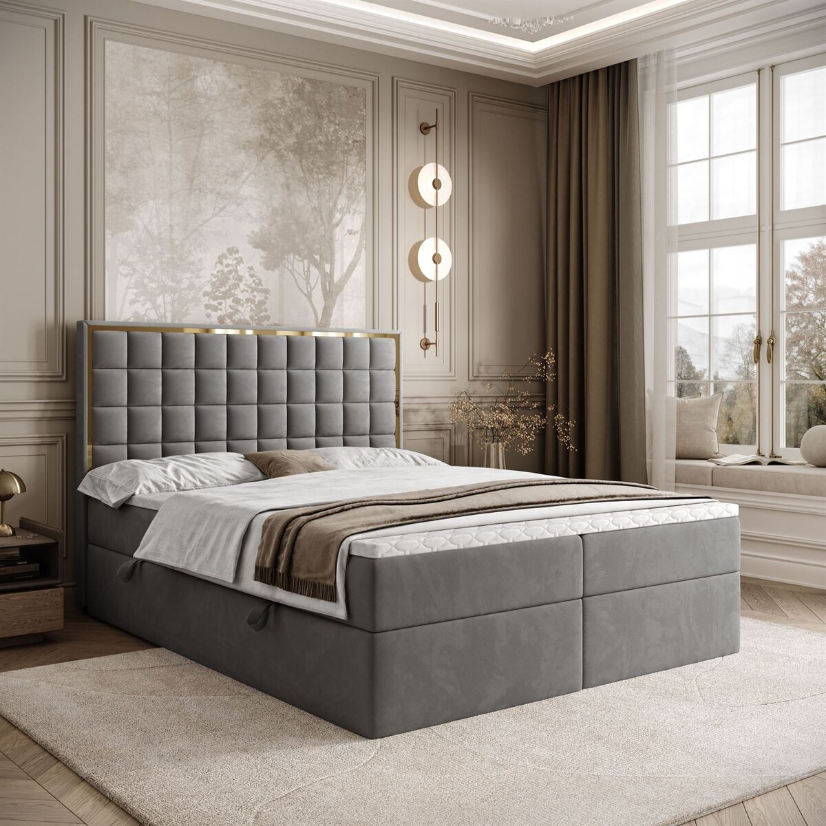 Łóżko kontynentalne ISADORA GOLD, pojemnik na pościel, 180x200, RV 250, topper