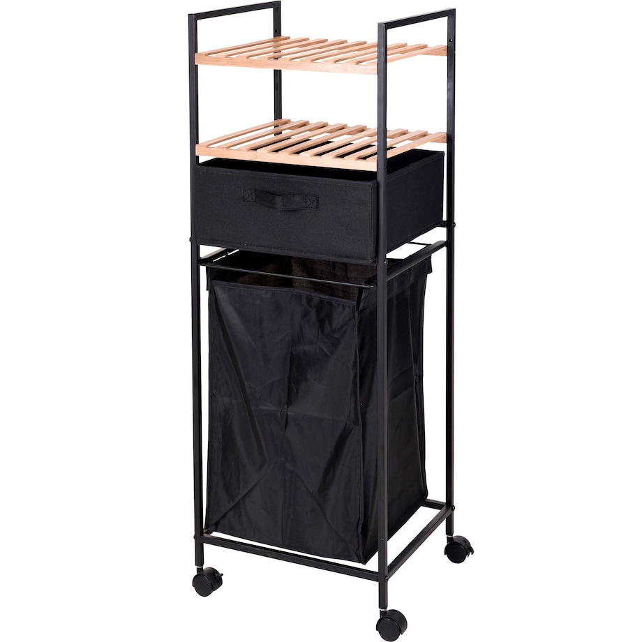 Wózek łazienkowy z półkami i torbą na pranie, 2w1, bambusowy