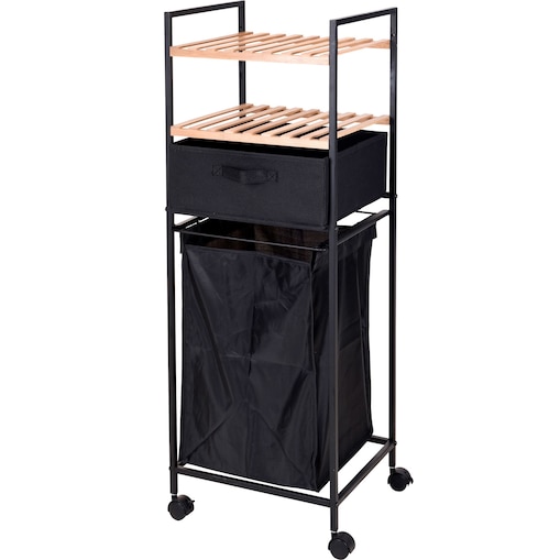 Wózek łazienkowy z półkami i torbą na pranie, 2w1, bambusowy