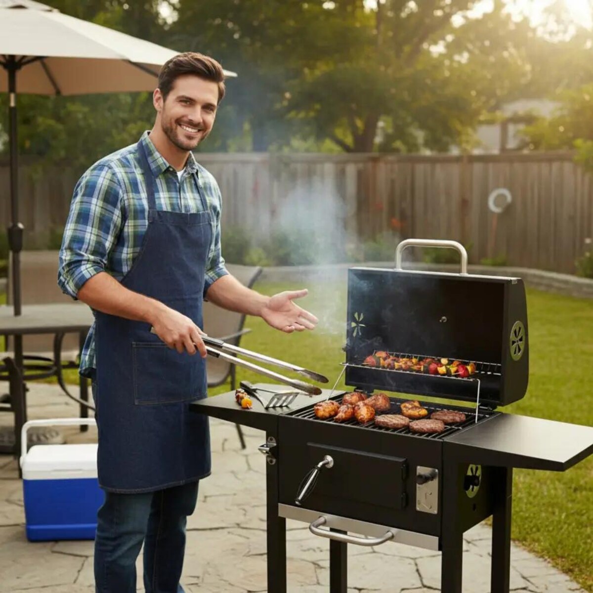 Grill ogrodowy duży węglowy z kominem termometrem czarny KLAUSBERG KB-9034