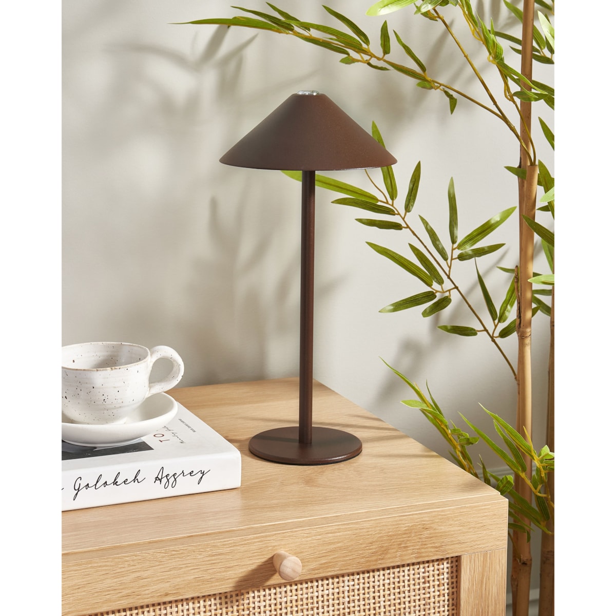 Bezprzewodowa lampa stołowa LED metalowa brązowa FRANCOLI