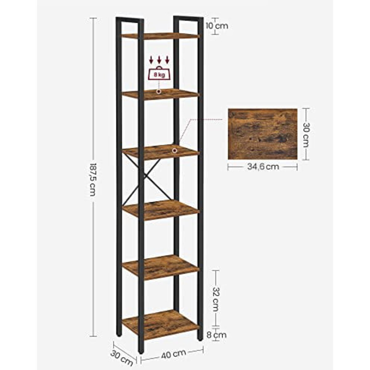 Regał 40X30X187,5 Cm Rustykalny Brąz, Czarny