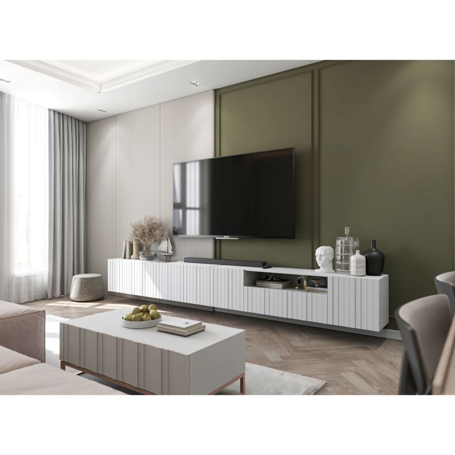 Nowoczesna Wisząca Szafka RTV Glamour Komoda RTV Biały Mat 300 cm