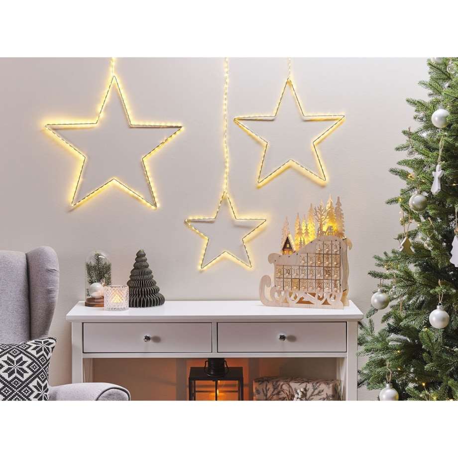 Zestaw 3 dekoracji wiszących LED KUNNARI Gwiazda 50/40/30 cm Srebrny