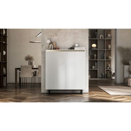 Komoda Glamour Szafka RTV Biały MAT ryflowane fronty czarny stelaż 110,8 cm