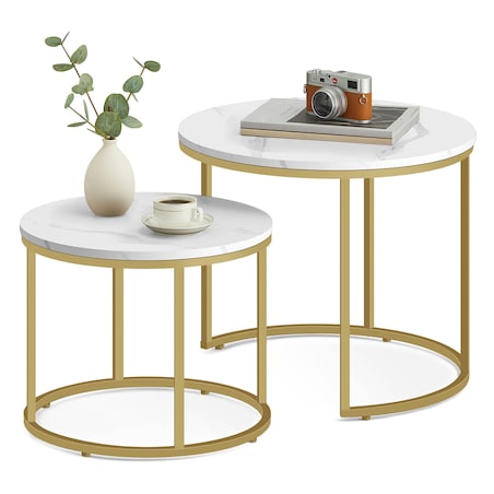 Stolik Kawowy Okrągły 2Szt Marmur, Złoty