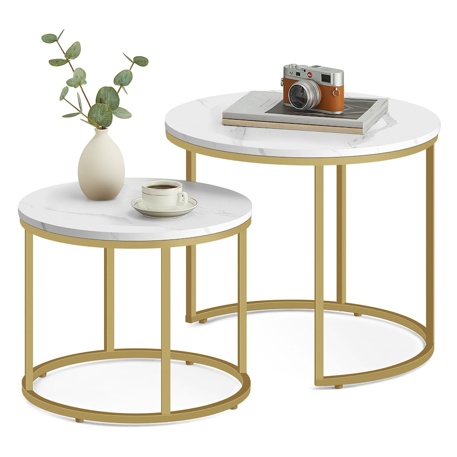 Stolik Kawowy Okrągły 2Szt Marmur, Złoty