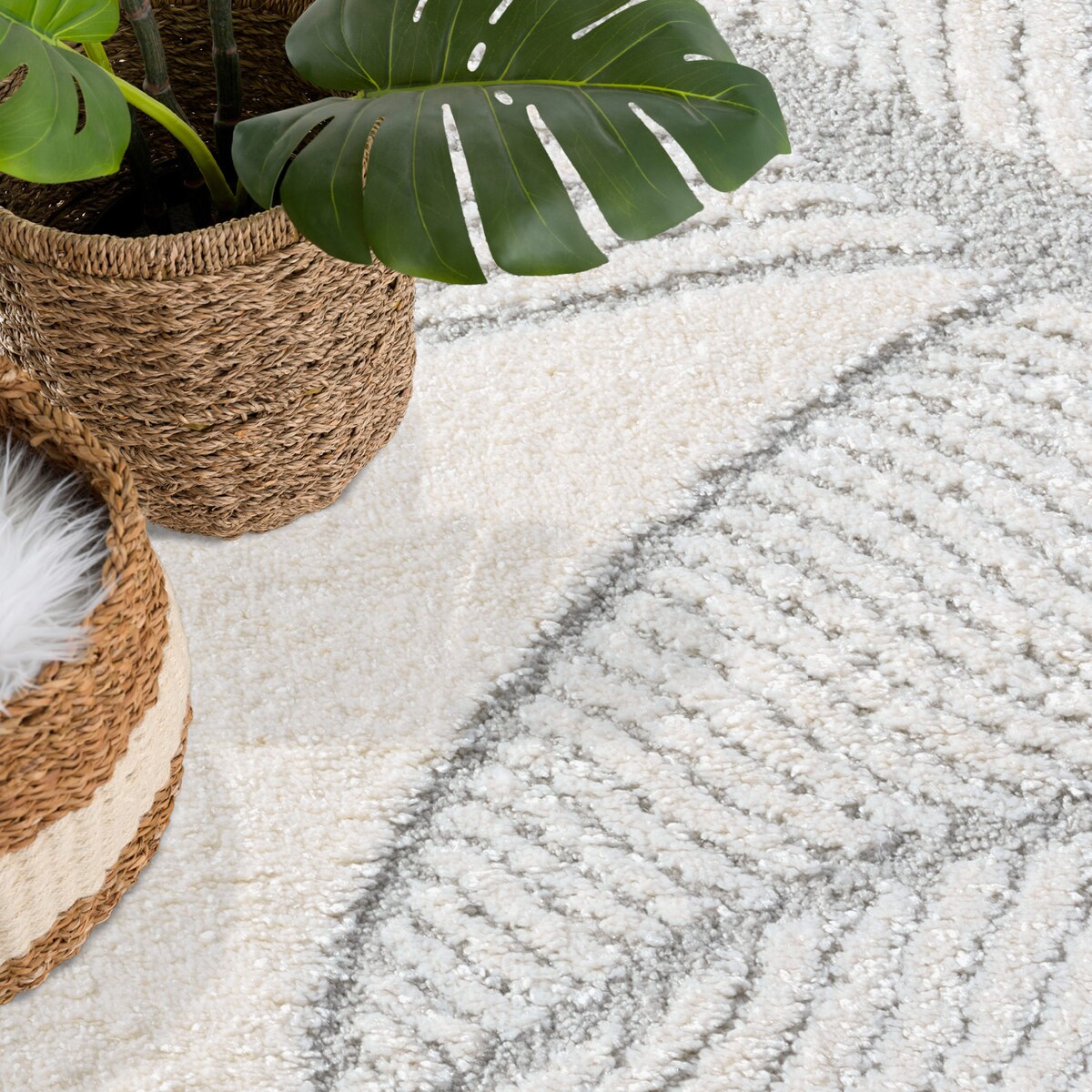 Dywan nowoczesny z liśćmi Lounia 6290 Szary Krem 140x200