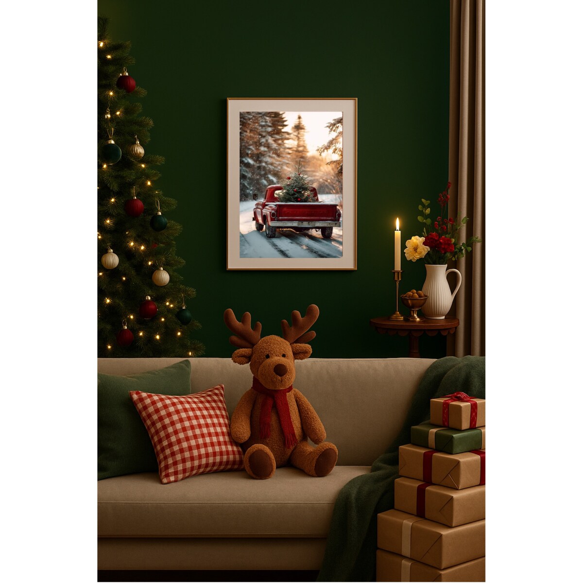 Poster Story, Plakat, Obraz - Czerwony Pick-up z Choinką w Śniegu, wymiary 42 x 60 cm