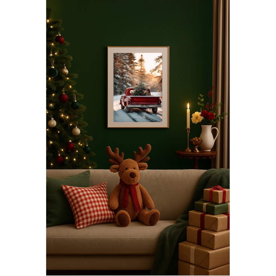 Poster Story, Plakat, Obraz - Czerwony Pick-up z Choinką w Śniegu, wymiary 42 x 60 cm