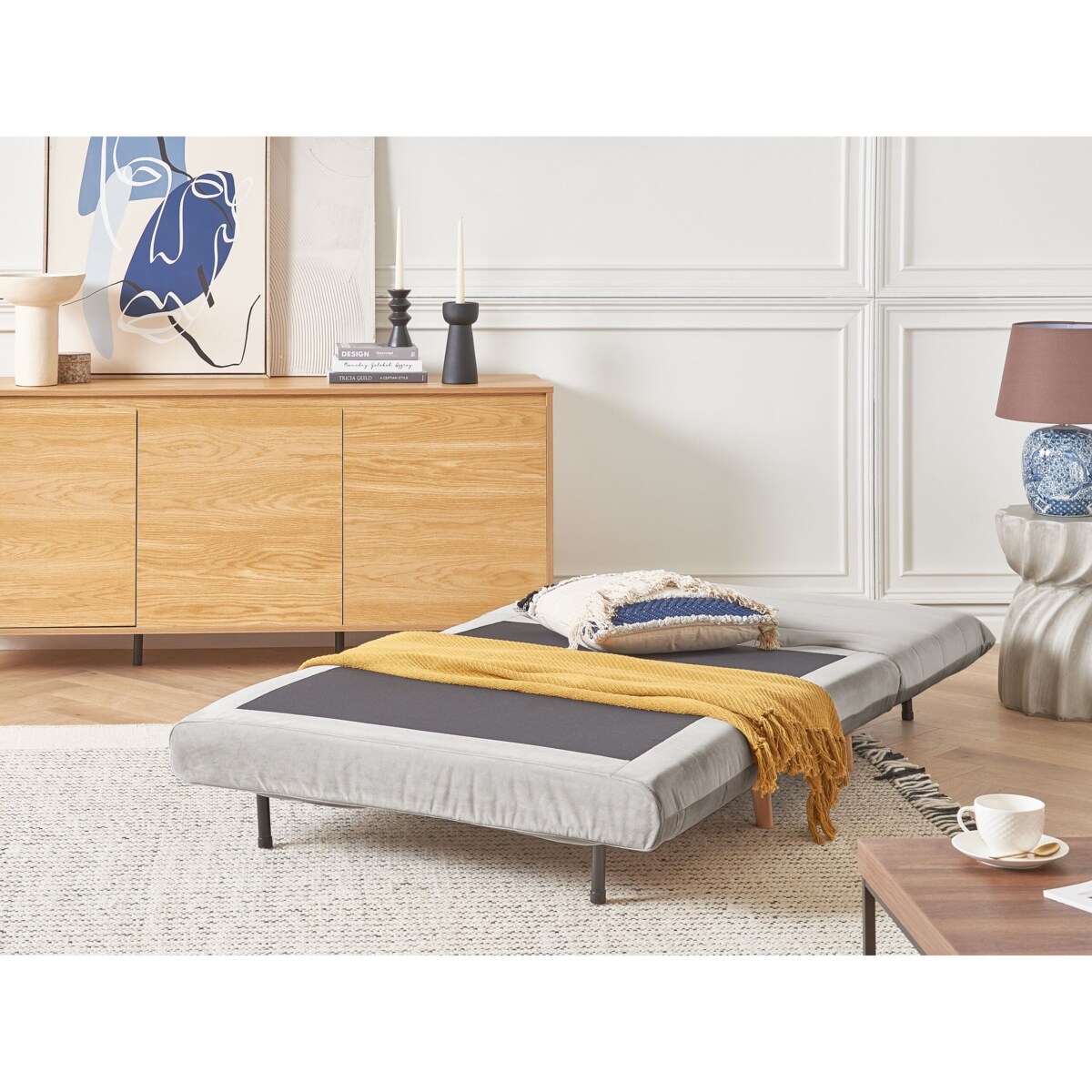 Sofa rozkładana welurowa jednoosobowa jasnoszara SETTEN