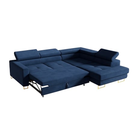 Narożnik rozkładany MERY z regulowanymi zagłówkami na złotych nóżkach prawy