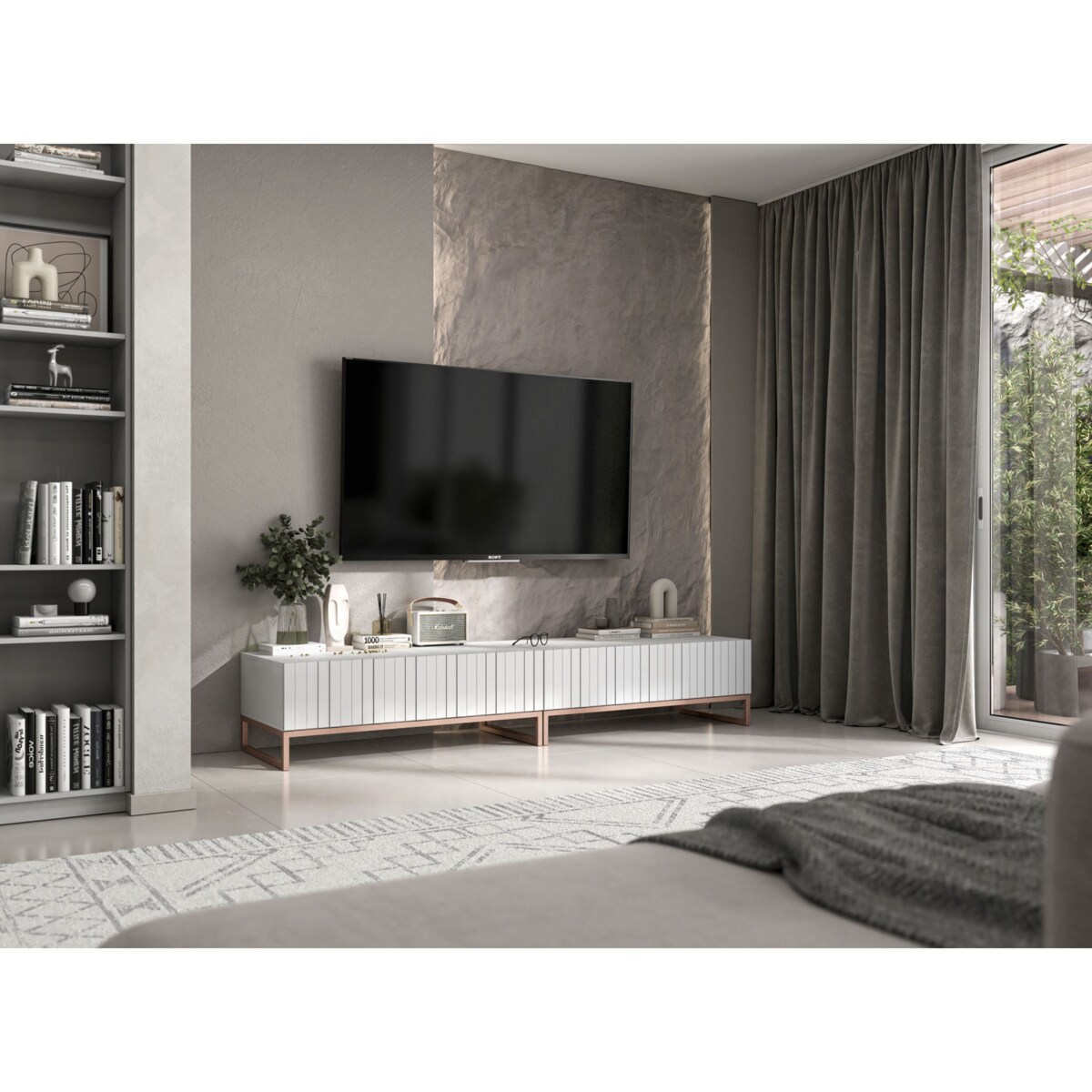 Nowoczesna Szafka RTV Glamour Komoda RTV Ryflowane fronty Biały Mat 220 cm