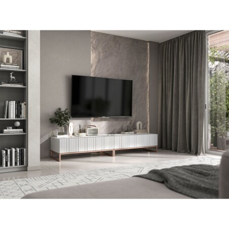 Nowoczesna Szafka RTV Glamour Komoda RTV Ryflowane fronty Biały Mat 220 cm